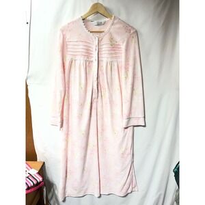 Jasmine Rose Intimates Pink Floral Fleece Nightgown Button Front Lace Trim Long